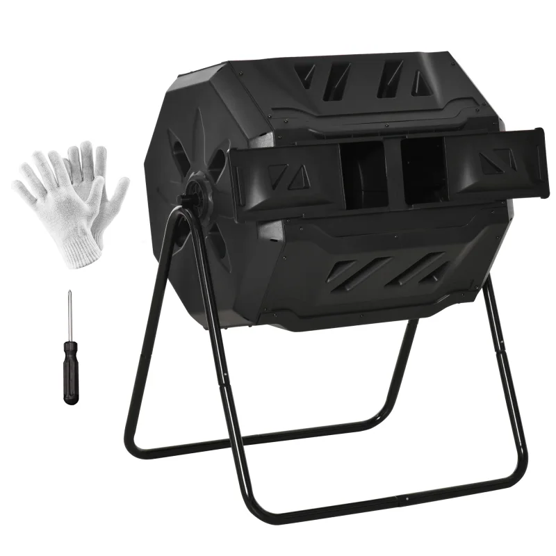 Tumbling Compost Bin Outdoor 360° Dual Chamber Rotating Composter 43 Gallon, Black