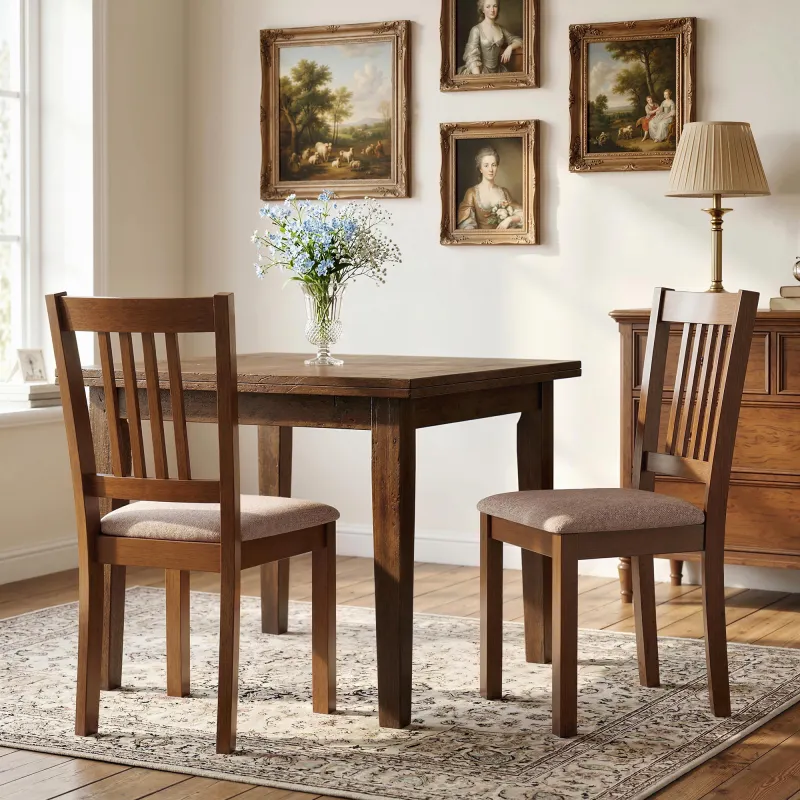 Dining Chairs Set of 2, Upholstered Kitchen Chairs with Rubberwood Frame, Padded Seat and Slat-Back for Kitchen, Walnut