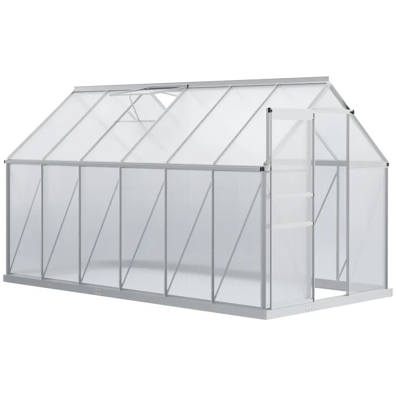 12' x 6' x 6.5' Polycarbonate Greenhouse with Aluminum Frame, Walk-in Heavy Duty Green House with Adjustable Roof Vent, Rain Gutter and Sliding Door for Winter, Silver
