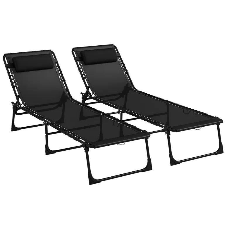 2 Folding Chaise Lounge Pool Chairs with 4-Position Reclining Back, Pillow, Breathable Mesh & Bungee Seat, Black