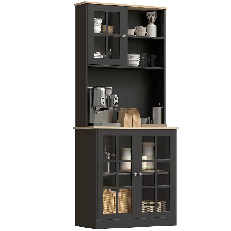 72" Kitchen Pantry Storage Cabinet with Hutch, Large Countertop, Glass Doors and Adjustable Shelves, Black