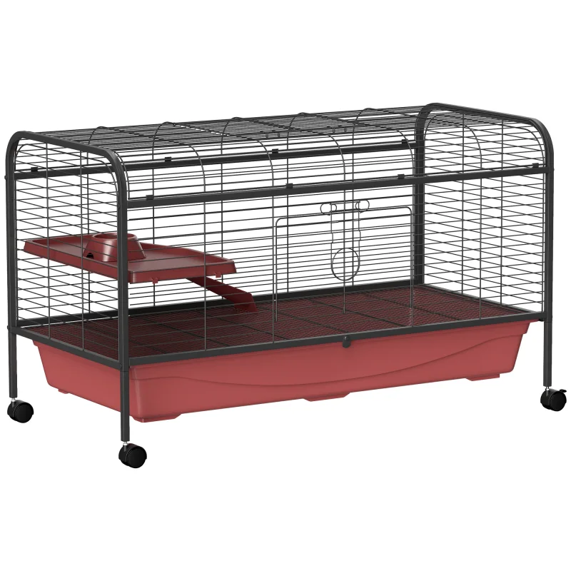 48" L Small Animal Cage, Pet Play House for Rabbit Hutch or Ferret with Feeder, Rolling Wheels, Platform, Ramp