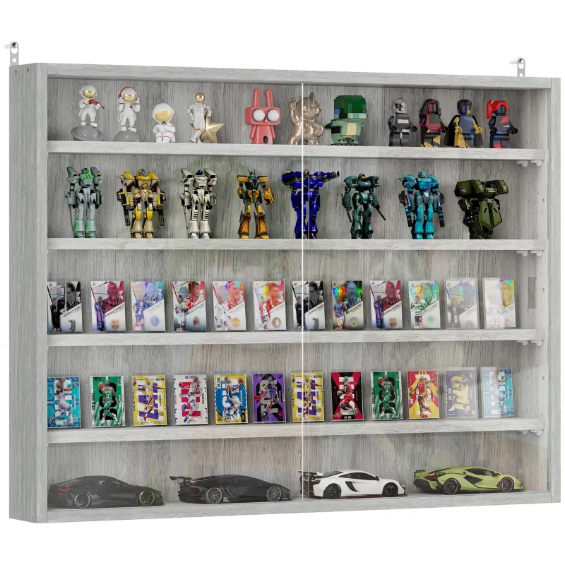 5-Tier Display Cabinet, Wall-Mounted Display Case with 2 Glass Doors and Adjustable Shelves, Gray