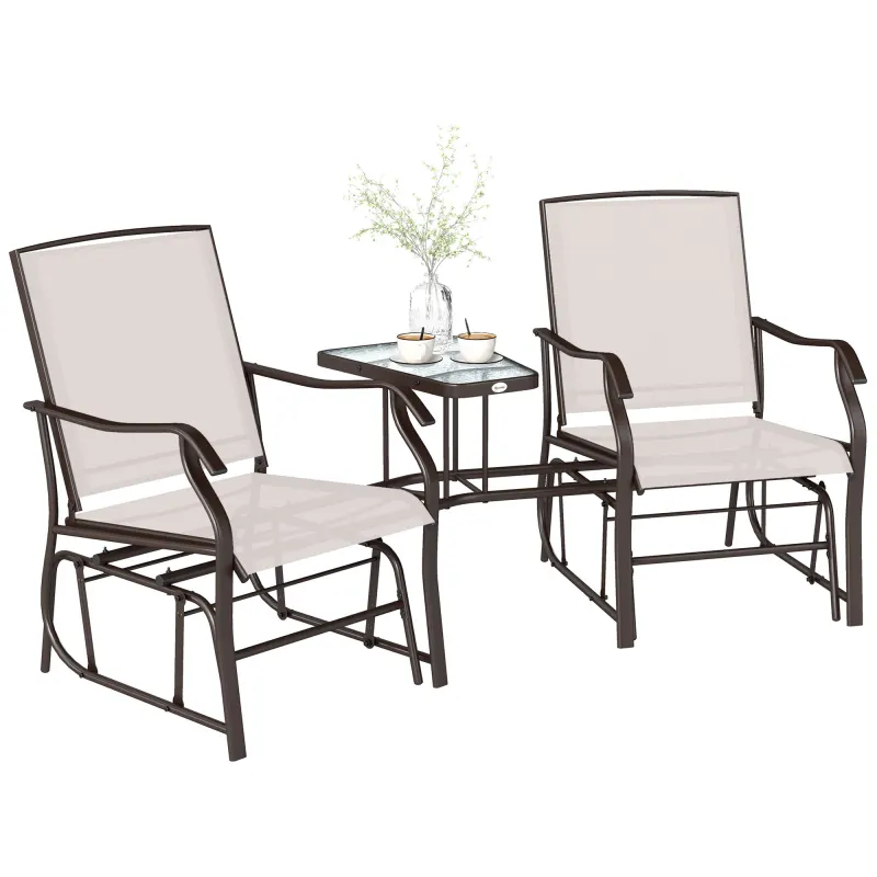 Outdoor Glider Chairs with Coffee Table, Patio 2-Seat Rocking Chair Swing Loveseat with Breathable Sling for Backyard, Garden, and Porch, Beige