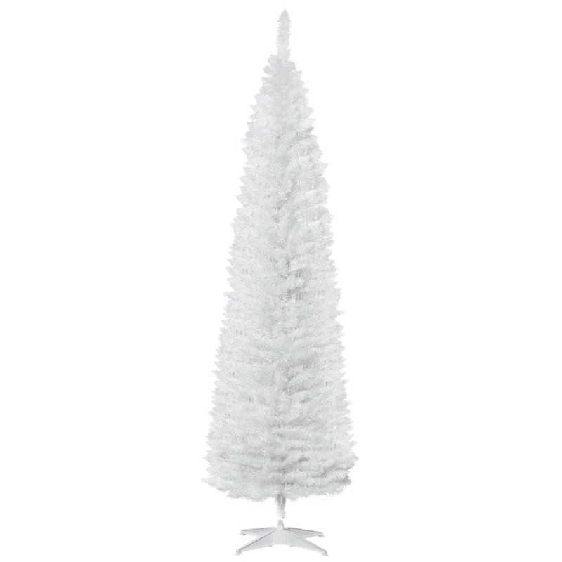 7ft Unlit Pencil Artificial Christmas Tree with Realistic Branches and 499 Tips, Plastic Base, White