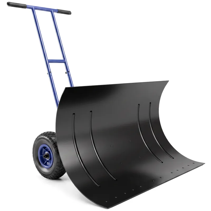 Snow Shovel with Wheels, 29" Metal Snow Pusher with Adjustable Handle, 7-Angle Blade, Wear Strip for Driveway, Blue