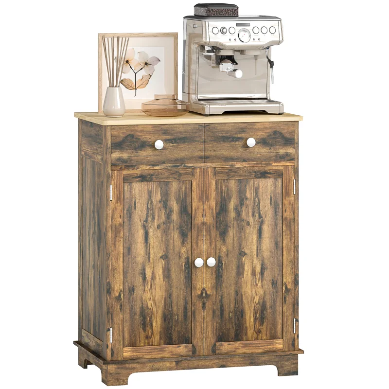 Kitchen Storage Cabinet, Sideboard Floor Cupboard with Solid Wood Top, Adjustable Shelf, and 2 Drawers, Brown