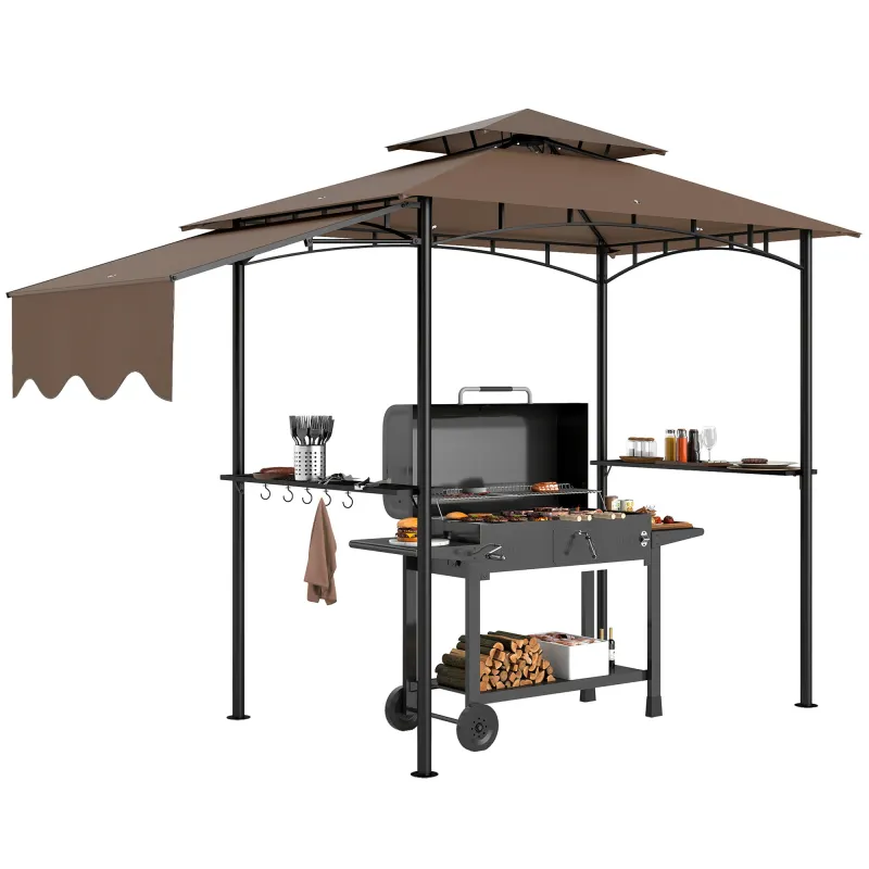8' x 5' Outdoor Grill Gazebo, Barbecue Gazebo Shelter with Side Awning, 2 Side Shelves and 6 Hooks, Brown