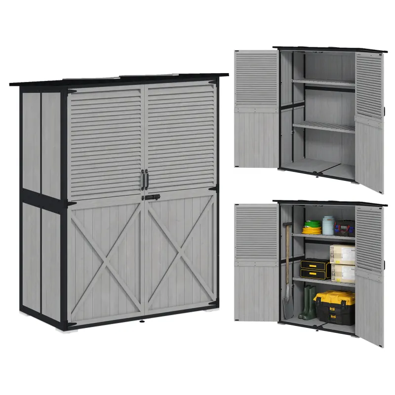 Wood Storage Shed, Outdoor Garden Shed with Asphalt Roof, 2 Shelves, Lockable Doors and Adjustable Feet, Gray