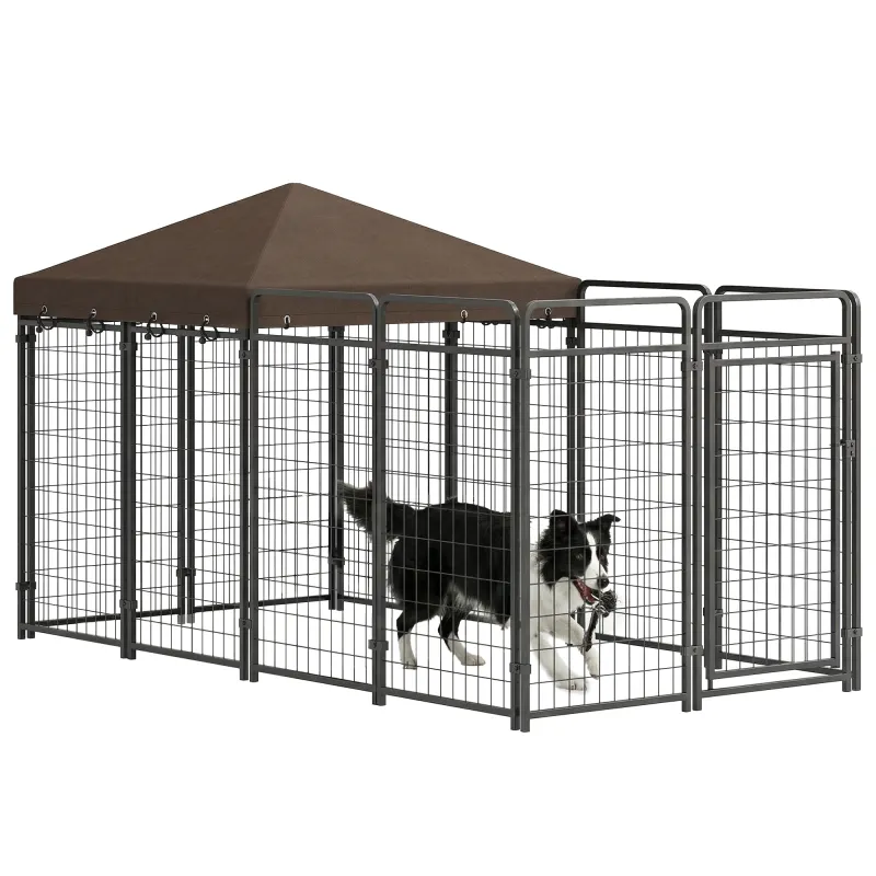 Dog Kennel Outdoor with Waterproof Canopy, Dog Run with Galvanized Chain Link, Secure Lock