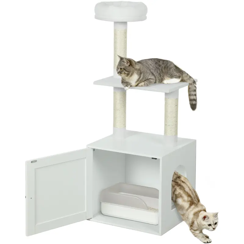 Cat Tree with Litter Box Enclosure, Scratching Posts, Bed, Climbing Platforms for Indoor Cats, White