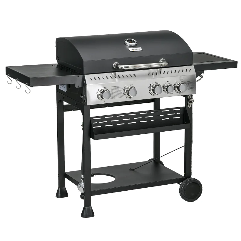 4 Burner Propane Gas Grill with Side Burner, 40,000 BTU Outdoor Barbeque with Shelves, Thermometer, Bottle Opener, Black