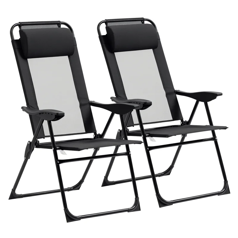 Folding Patio Dining Chairs Set of 2, Outdoor Deck Chair with Adjustable Sling Back, Camping Chair with Removable Headrest for Garden, Backyard, Lawn, Black