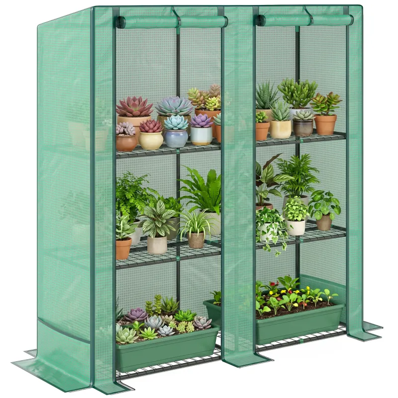 Lean-to Greenhouse with 3 Tier Shelves, Portable Greenhouse with PE Cover, 2 Roll-Up Doors, 56.7" x 18.9" x 59.8", Green