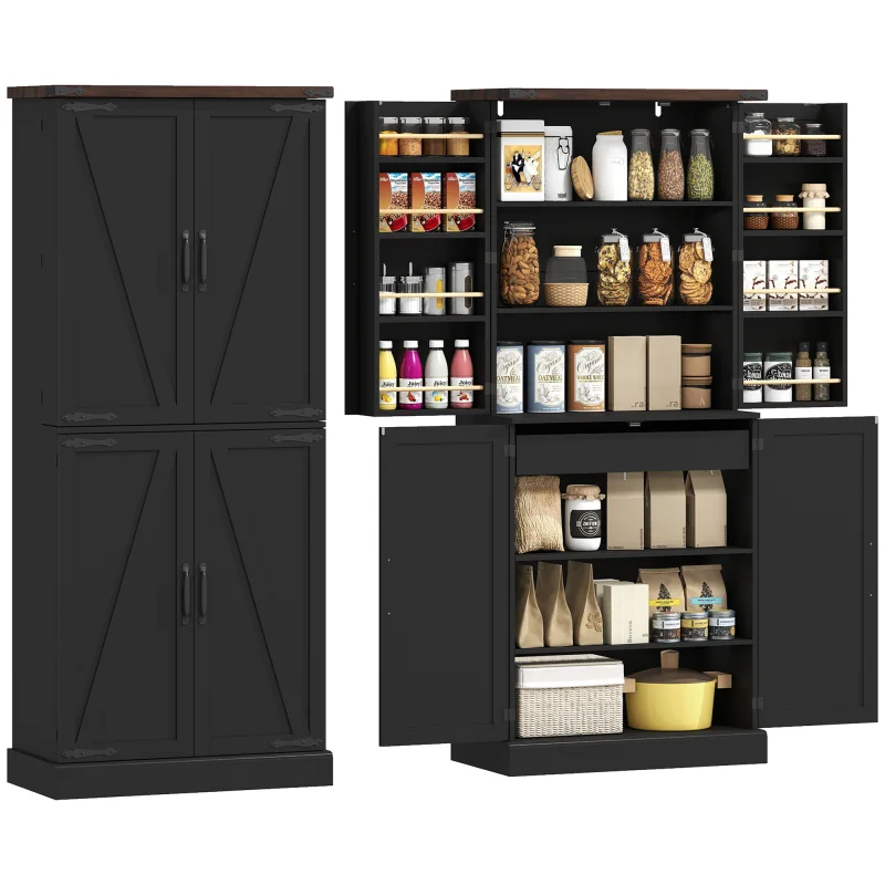 72" Tall Kitchen Pantry Cabinet, Farmhouse Storage Cabinet with 8 Door Racks and Adjustable Shelves, Black
