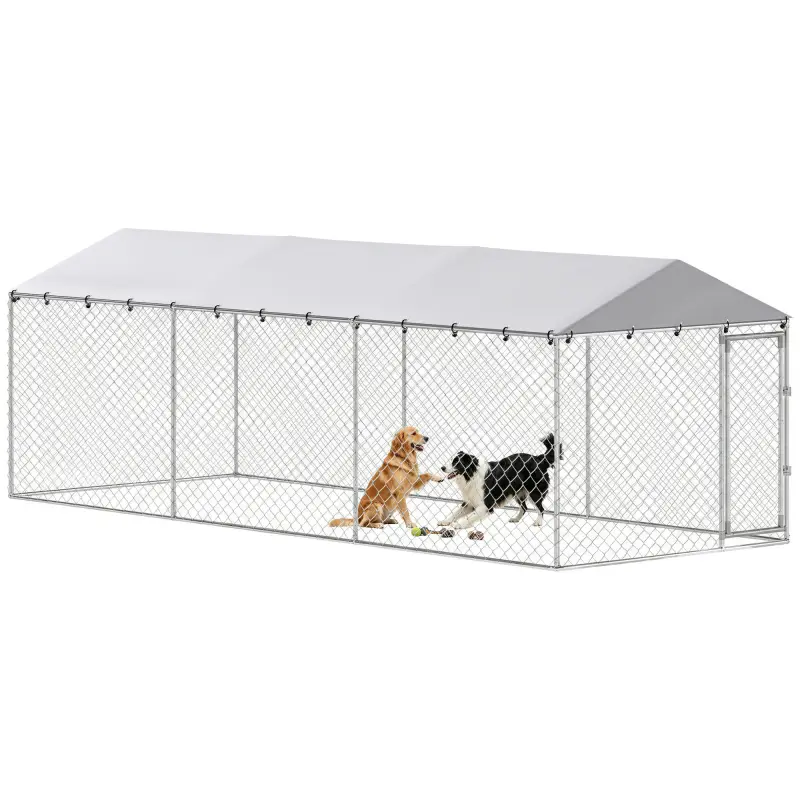 20' x 7.5' x 6.5' Dog Kennel Outdoor for Small Medium Large Dogs with Waterproof Roof, Silver