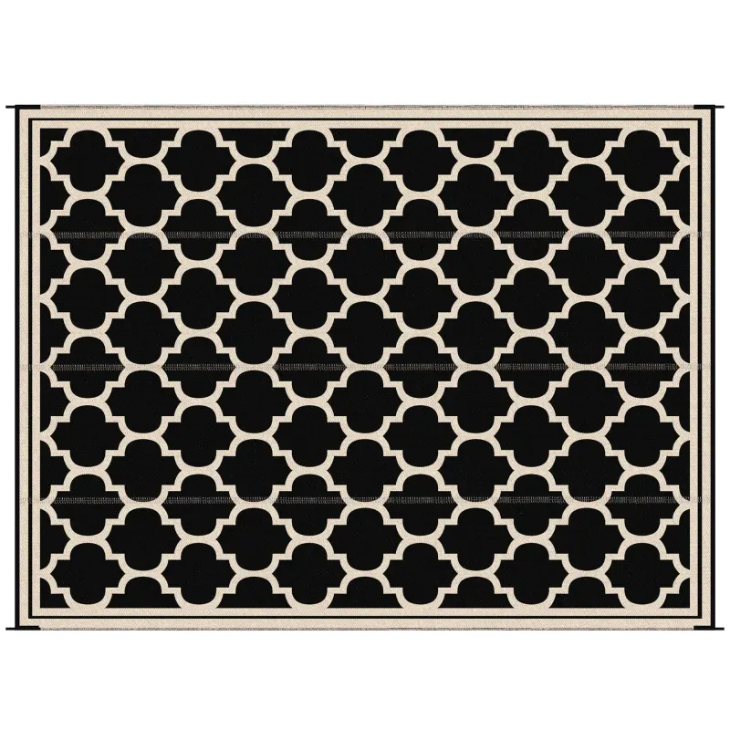 9' x 12' Reversible Outdoor RV Rug, Plastic Straw Rug for Camping, Deck, Beach, Black, Beige