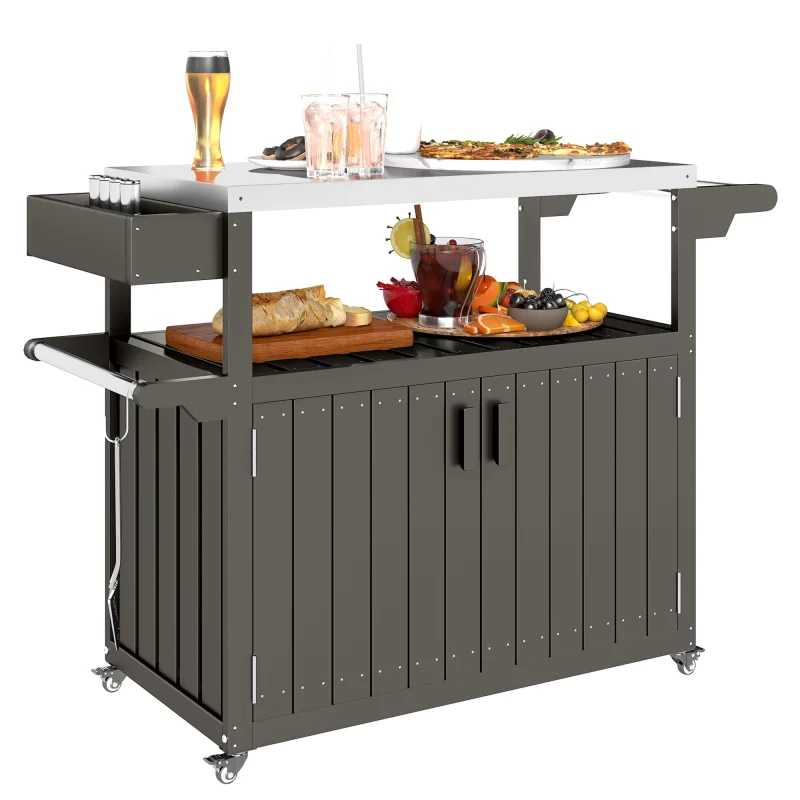 Outdoor Bar Cart with Storage, Stainless Steel Outdoor Bar Table Top, Wheeled HDPE Kitchen Island for Food Prep, Gray