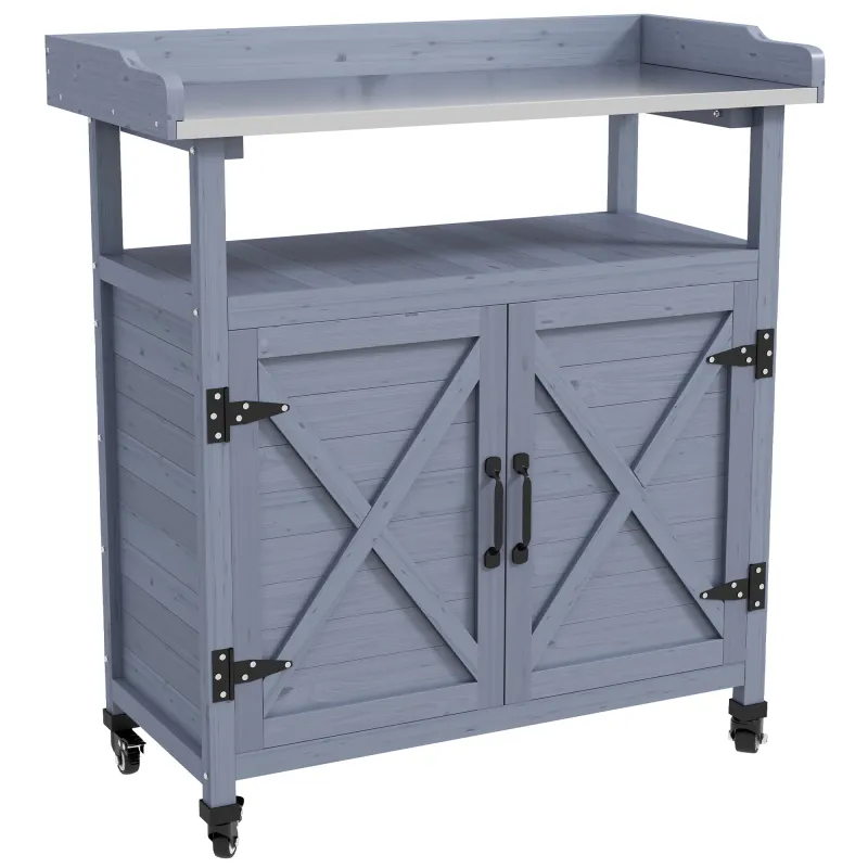Outdoor Wooden Potting Bench with Storage Cabinet, Aluminum Tabletop, Rubber Wheels for Backyard, Patio, Balcony, Gray