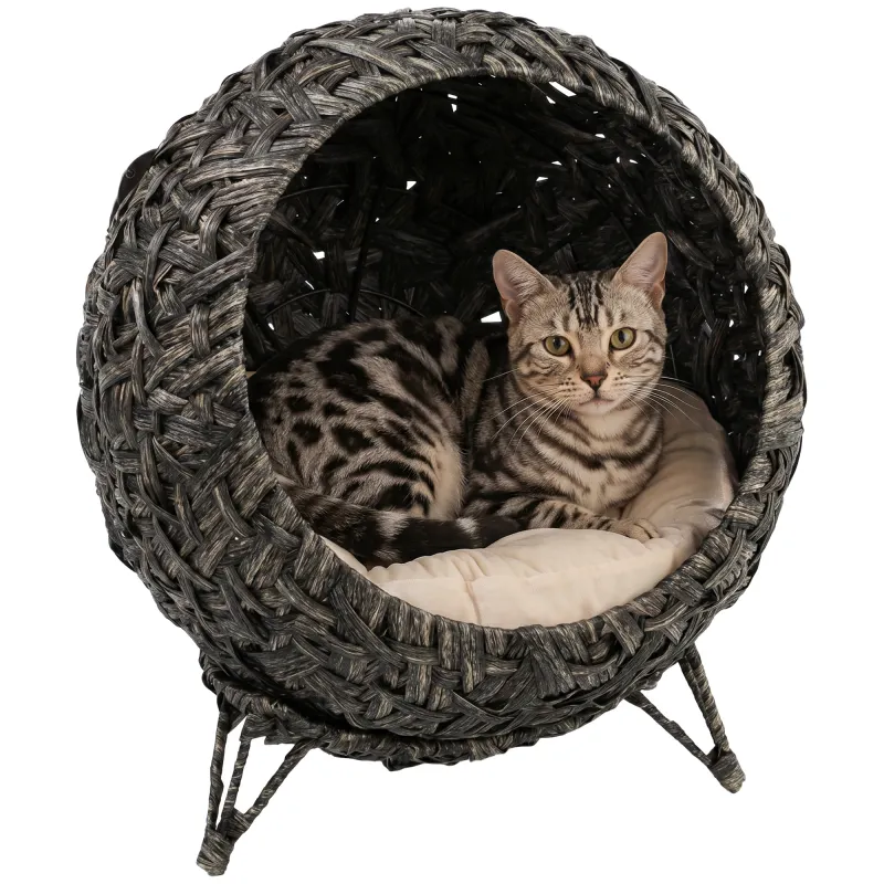 Rattan Cat Bed, Elevated Handwoven Cat Basket Bed with Soft Cushion and Metal Base