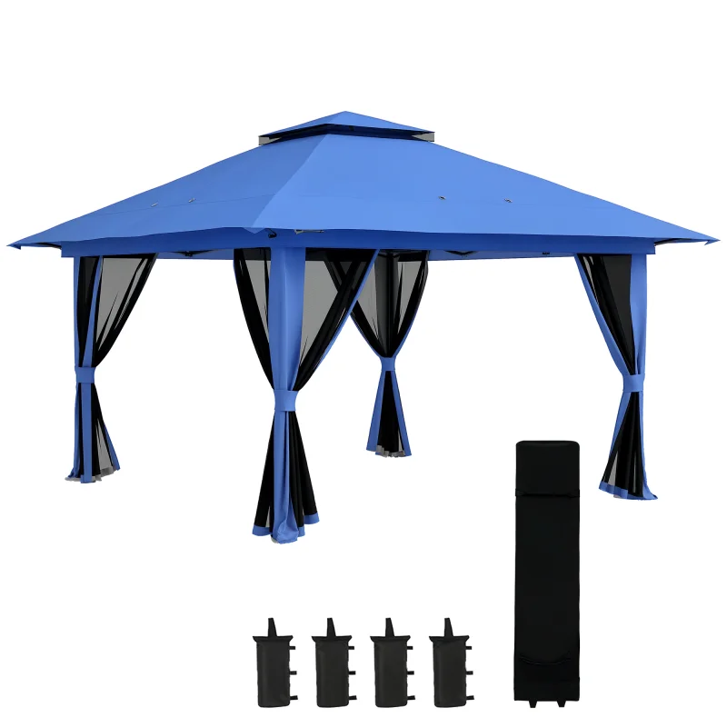 13' x 13' Pop Up Gazebo Instant Canopy Tent Shelter with 2-Tier Roof, Carry Bag, Wight Bags for Outdoor, Garden, Blue