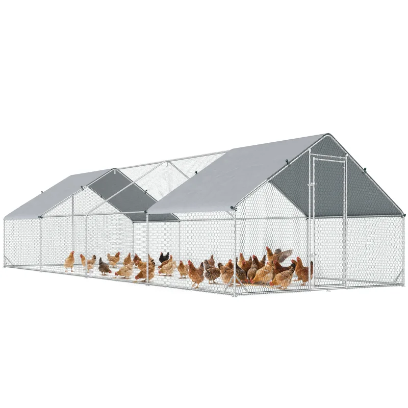 Large Chicken Coop Metal Chicken Run with Waterproof and Anti-UV Cover, Spire Shaped Walk in Fence Cage Hen House for Outdoor and Yard Farm Use, 1" Tube Diameter, 9.8' x 26.2' x 6.6'
