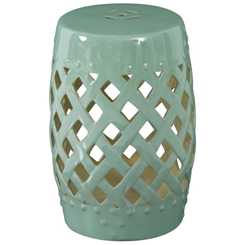 12.5" x 18" Ceramic Garden Stool with Woven Lattice Design & Glazed Strong Materials Decorative Outdoor Stool, Green