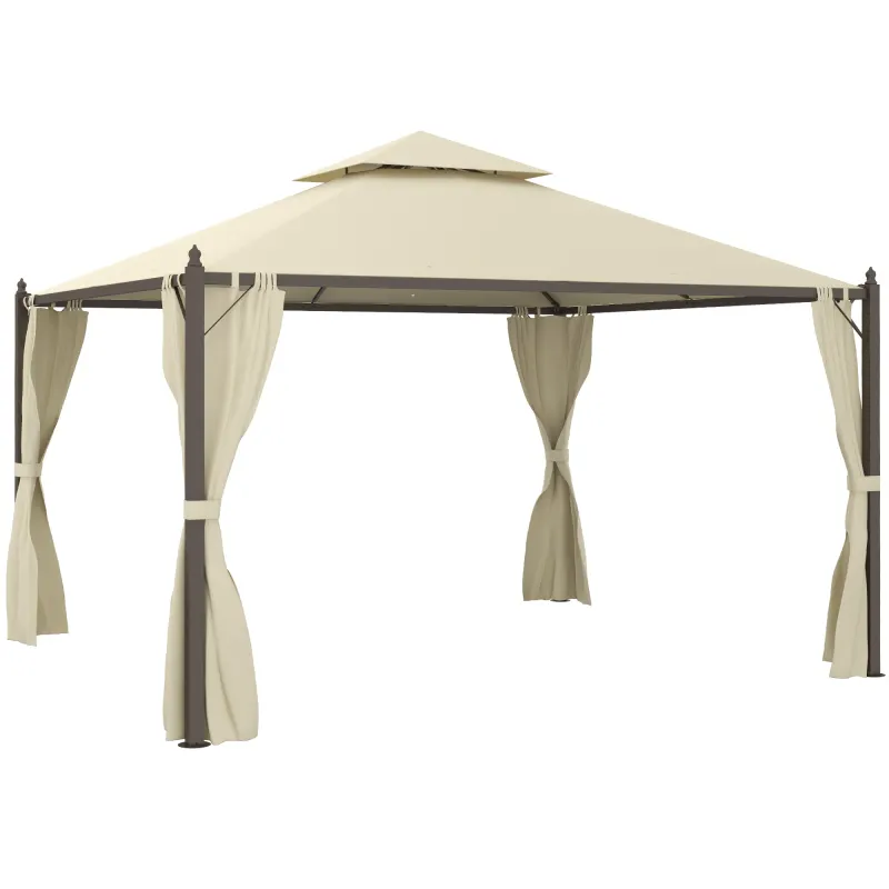 10' x 12' Outdoor Patio Gazebo with Curtains, Two-Tier Roof, Beige