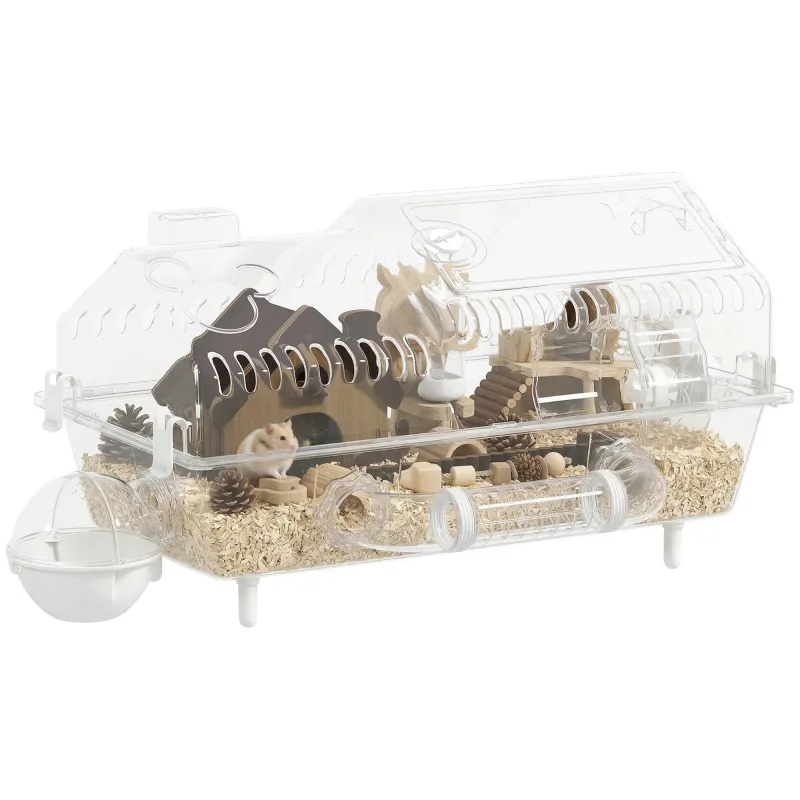 Hamster Cage with Large Wheel & Hideout, Small Animal Habitat with Accessories, Clear Pet House, 21.5" x 11.8" x 12.6",