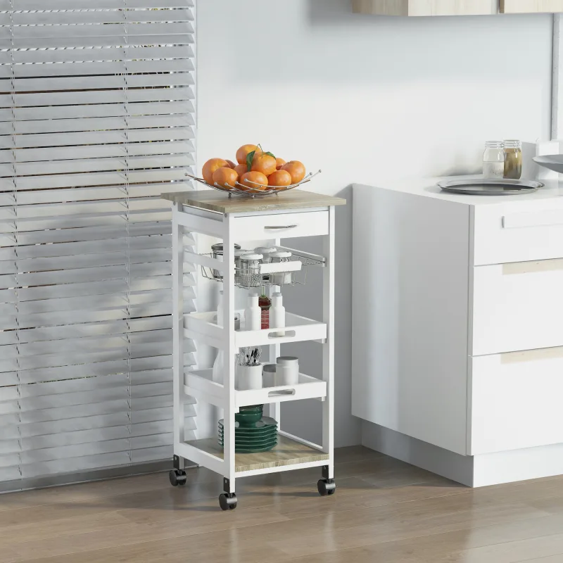 Mobile Kitchen Cart, Rolling Kitchen Island with Storage, Utility Cart with Wire Fruit Baskets, Trays and Drawer, White