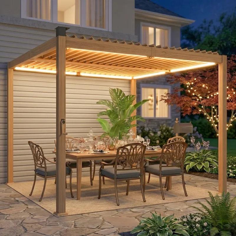10' x 10' Louvered Pergola with Solar LED lights, Metal Roof, Outdoor Pergola Patio Gazebo with Drainage Gutters, Brown