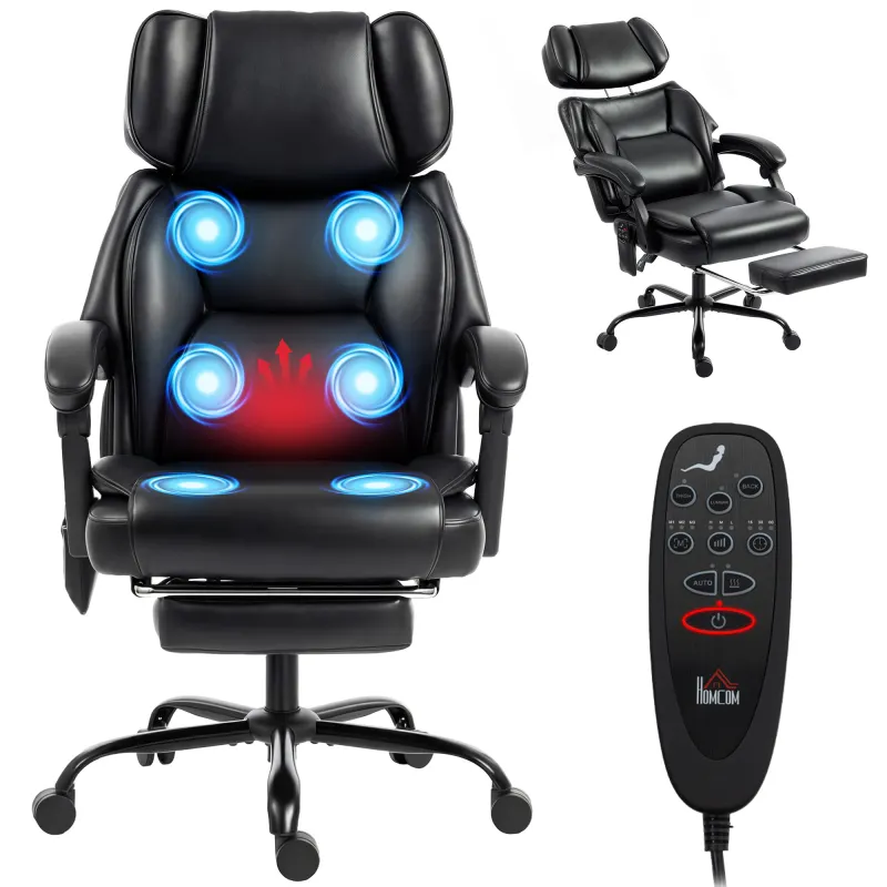 High Back Vibration Massage Office Chair Heated Reclining Computer Chair w/ Footrest, Swivel Wheels, Remote, Black