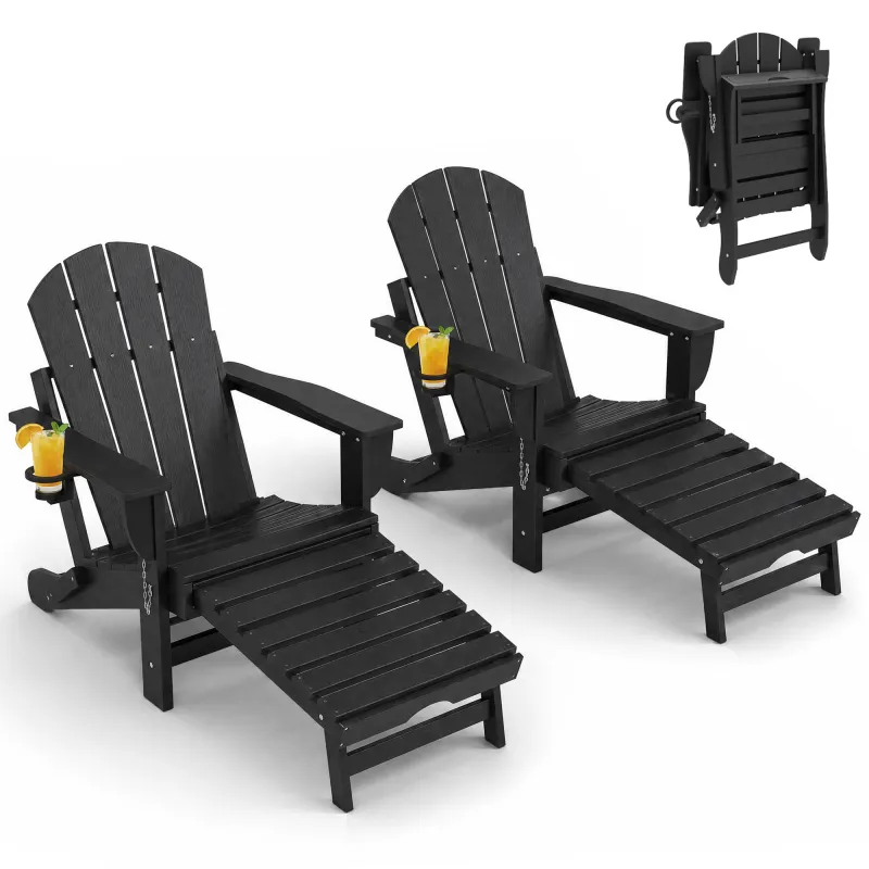 Folding Adirondack Chair Set of 2, HDPE Fire Pit Chair with Retractable Ottoman and Cup Holder, Black