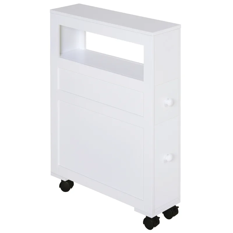 6.25" x 20.5" x 28.25" Wood Rolling Narrow Bathroom Side Storage Cabinet - White