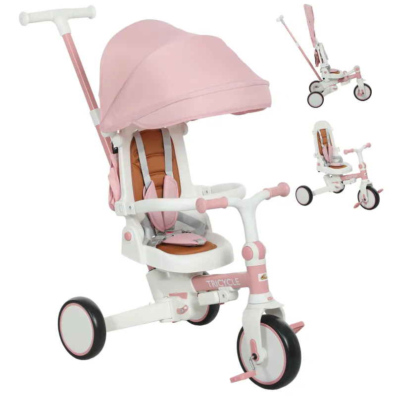 7 in 1 Tricycle Stroller for Toddler 1-5 Years w/ Adjustable Push Handle, Rotatable Seat, Removable Canopy, Pink
