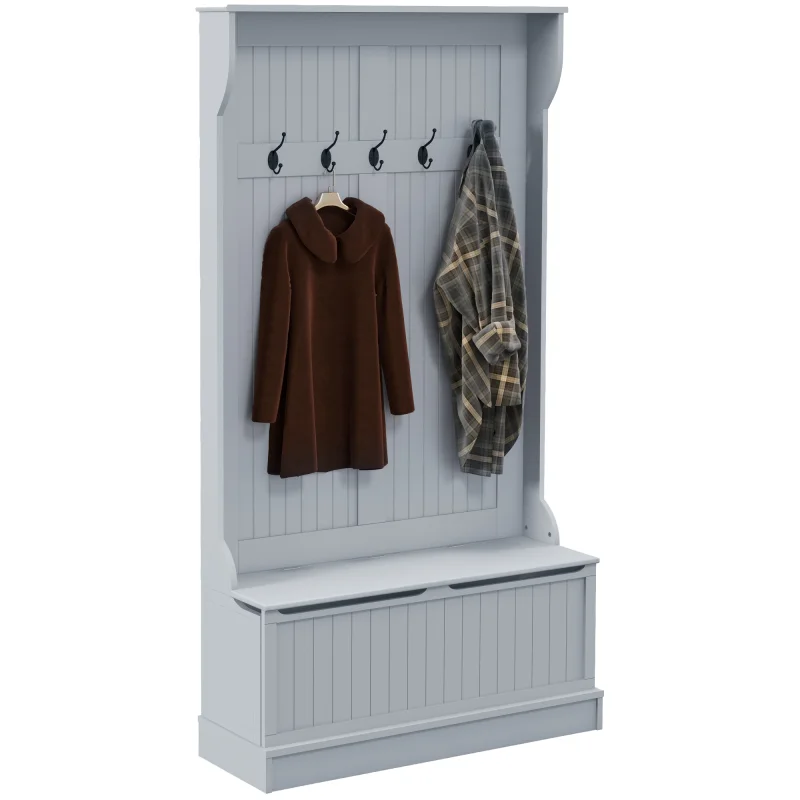 3-In-1 Entryway Bench with Coat Rack, Hall Tree with Bench and Shoe Storage, 5 Hooks for Hallway