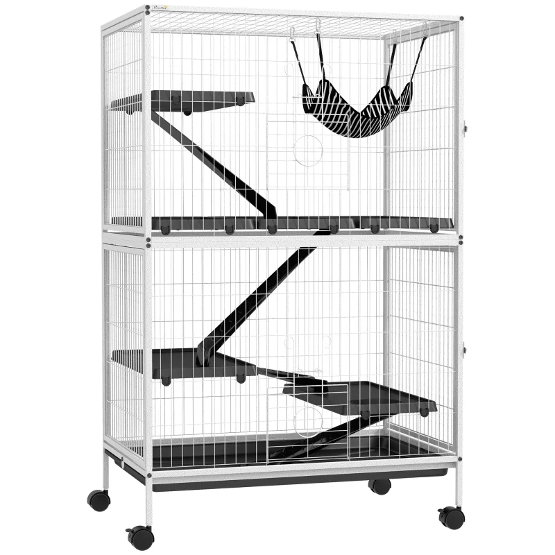 50" H Rolling Small Animal Cage with Hammock, Ferret Cage, Chinchilla Cage, Pet Habitat, wIth 4 Doors, Removable Tray