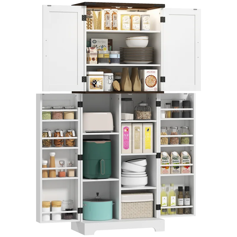 64" Tall Kitchen Pantry Cabinet with Motion Sensor Light, Spice Racks and Adjustable Shelves, White