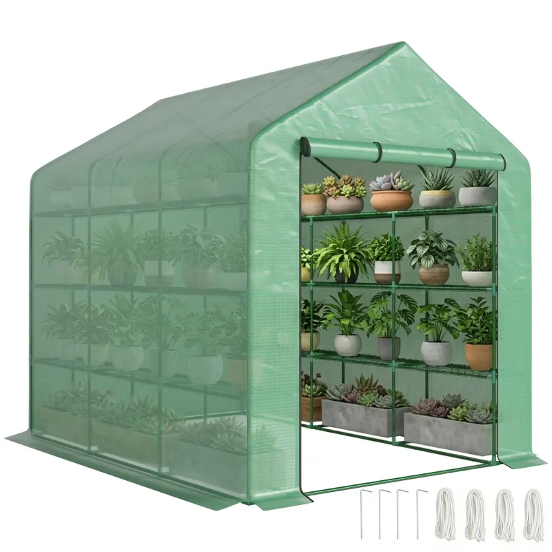 Outdoor Walk-in Greenhouse with Roll-up Zipper Door, 18 Shelves, PE Cover, 95.25" x 70.75" x 82.75", Green