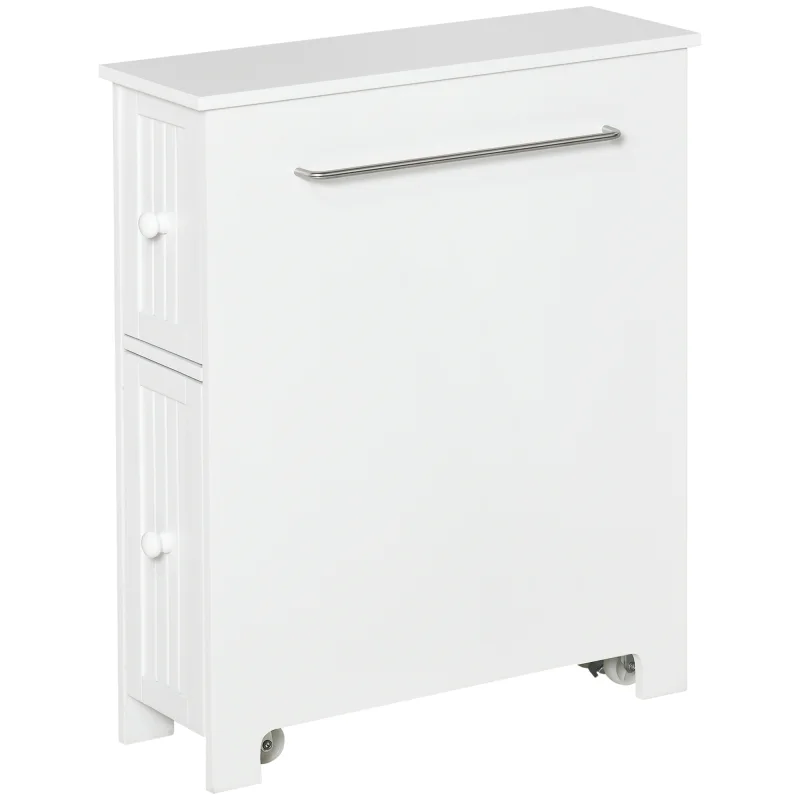 Slim Bathroom Cabinet, Freestanding Storage Cabinet, Toilet Paper Holder with Two Drawers, Side Towel Rack, and Wheels, 7 x 20.5 x 24.75 Inches, White