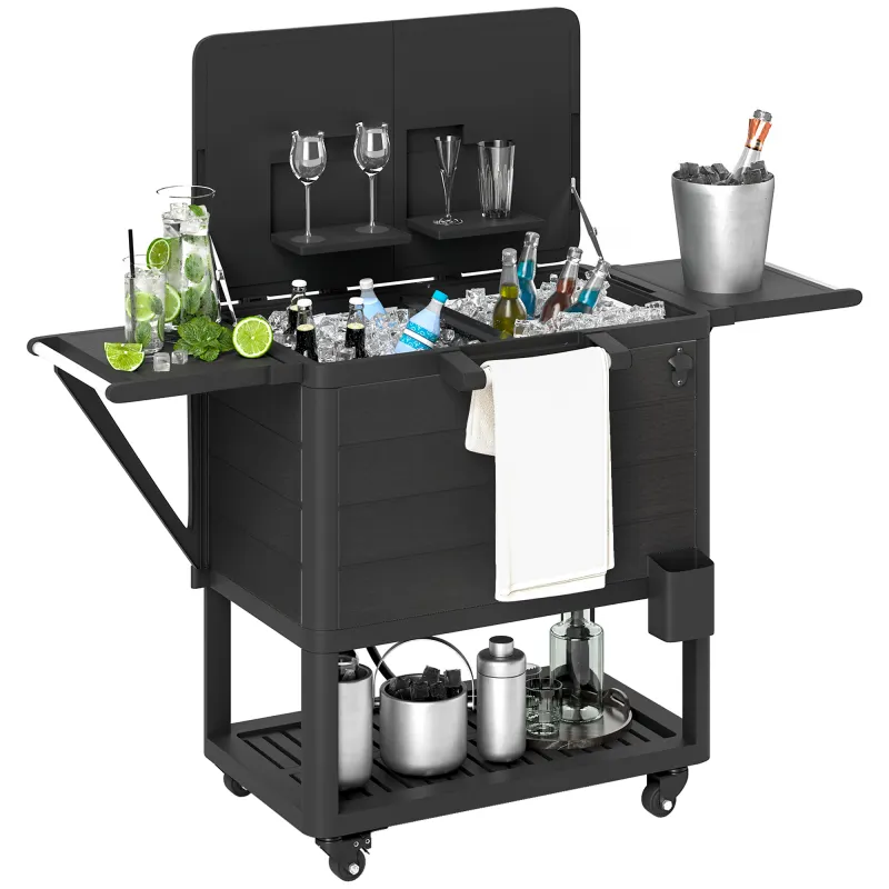 104 Quart Large Capacity Outdoor Cooler Cart, Patio Rolling Ice Chest with Bottle Opener Shelves Wheels, Black