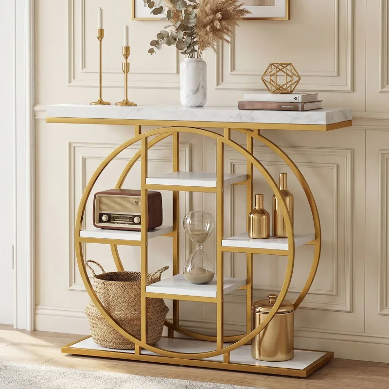 39.4" Console Table with Storage Shelves, Industrial Sofa Table for Living Room, Hallway, White Marble Effect