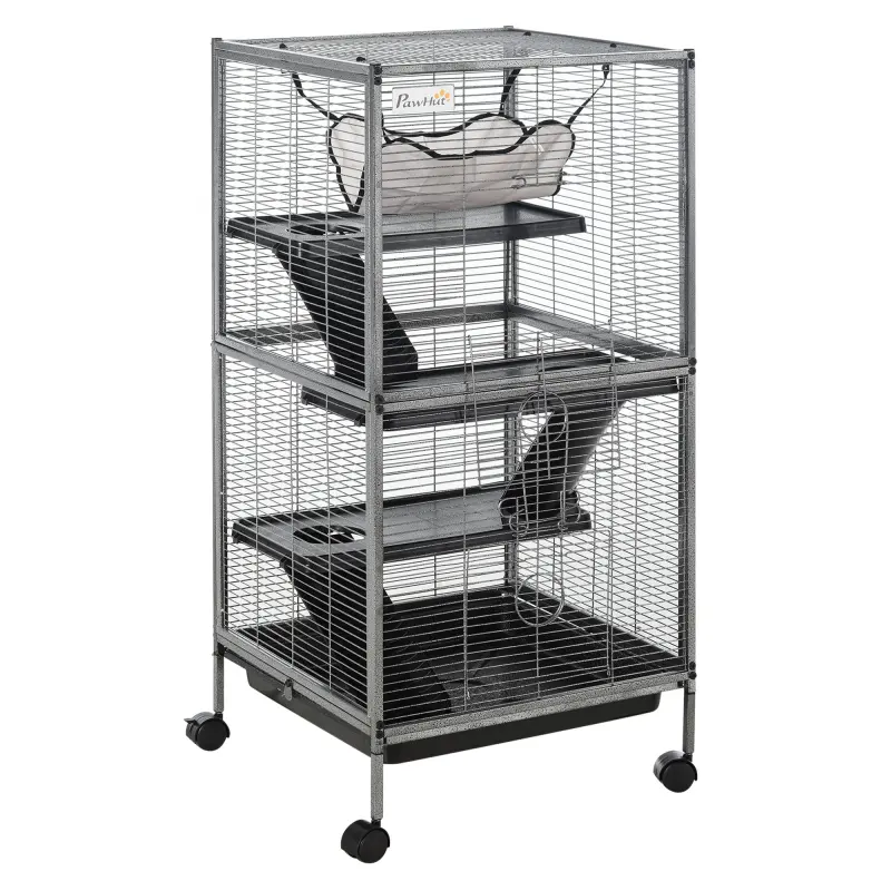 45" H Rolling Small Animal Cage with Hammock, Ferret Cage, Chinchilla Cage, Pet Habitat with 6 Doors, Removable Tray