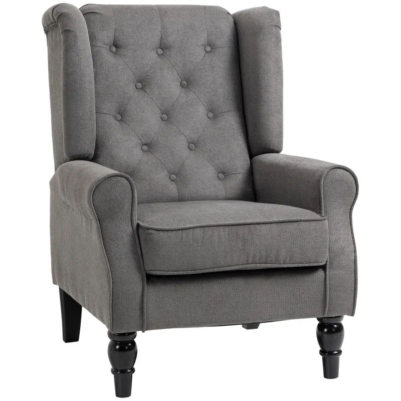 Wingback Accent Chair for Living Room, Button-Tufted Lounge Chair with Round Armrests and Wood Legs, Dark Gray