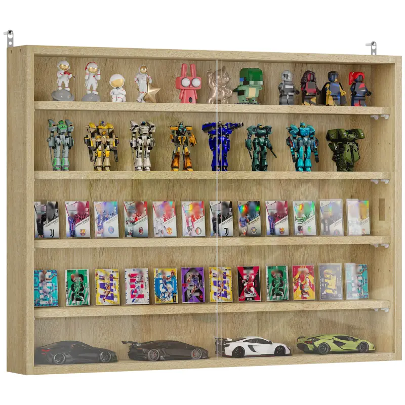 5-Tier Display Cabinet, Wall-Mounted Display Case with 2 Glass Doors and Adjustable Shelves, Oak