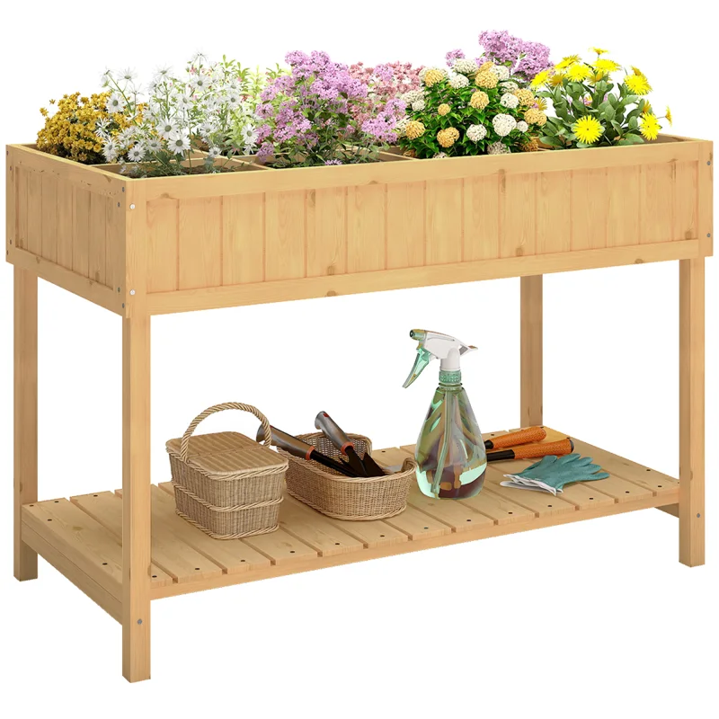 43x18x30in Raised Garden Bed with 8 Pockets and Shelf, Wooden Elevated Planter Box with Legs to Grow Herbs, Vegetables, and Flowers, Natural
