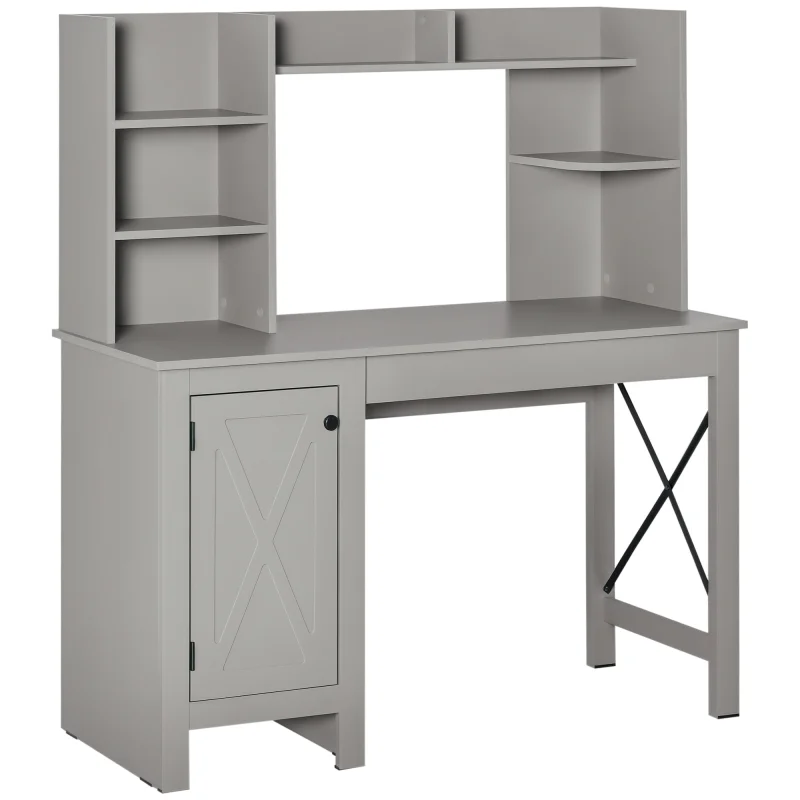 Computer Desk W/ Hutch, Home Office Desk W/ Storage Cabinet, Light Grey