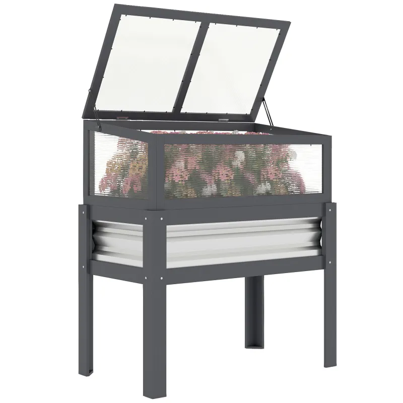 Raised Garden Bed with Flip-Up Mini Greenhouse, Elevated Planter Box with Legs and Bed Liner for Flowers, Vegetables