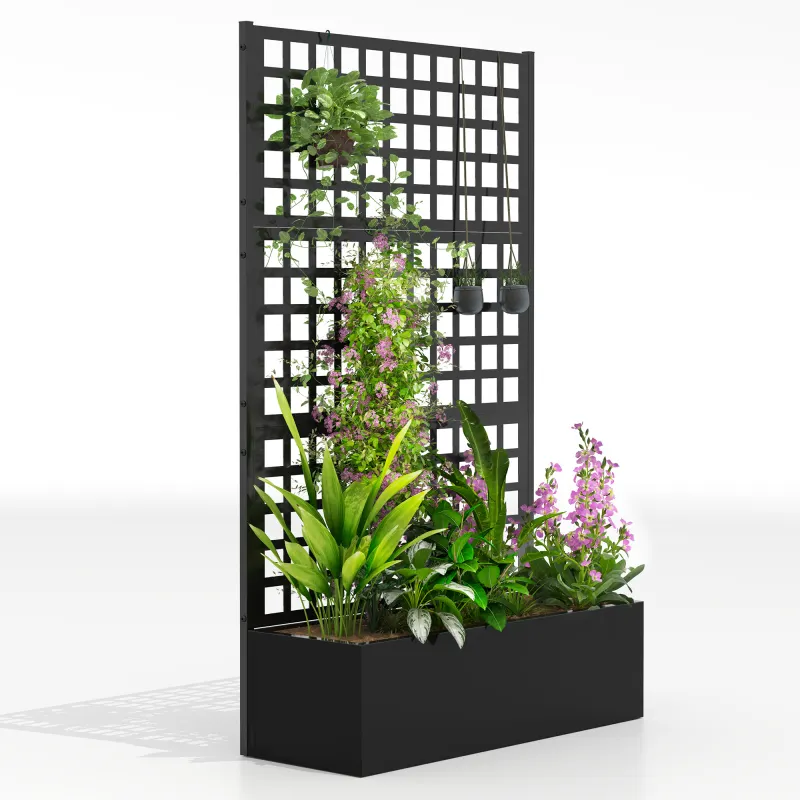 Galvanized Raised Garden Bed Planter Box with Trellis for Climbing Plants, Vegetable, Vines, 43" x 16" x 70", Black