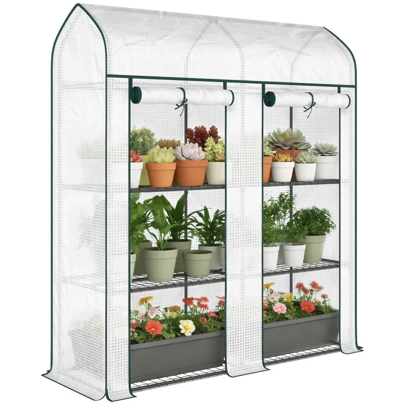 3 Tier Mini Greenhouse, Small Portable Greenhouse with 2 Roll-up Doors, 56.3" x 18.1" x 65", White